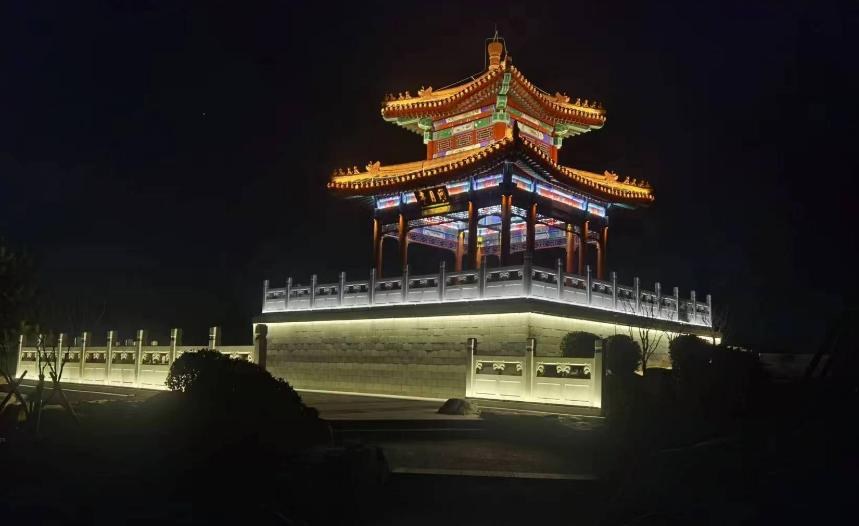 园博亭古建亮化夜景实拍（汉白玉栏杆洗墙+亭体轮廓）